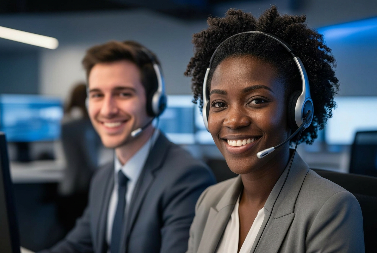 Professional Para Live Support customer service representatives wearing headsets in a modern call center